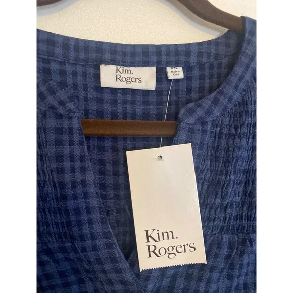 NWT Kim Rogers Women’s Navy Blue Plaid Blouse W/ Roll-Tab Sleeves Size XXL - Picture 3 of 5